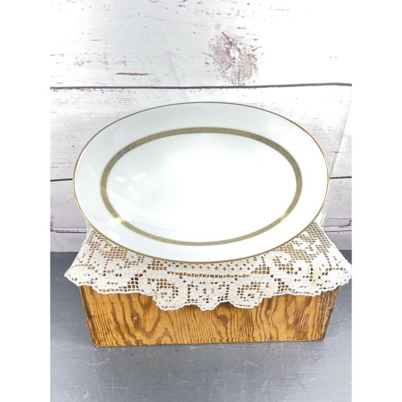 Noritake China OVAL Serving Bowl Grey Gold Greek Key Hartford 5944 - Picture 1 of 8